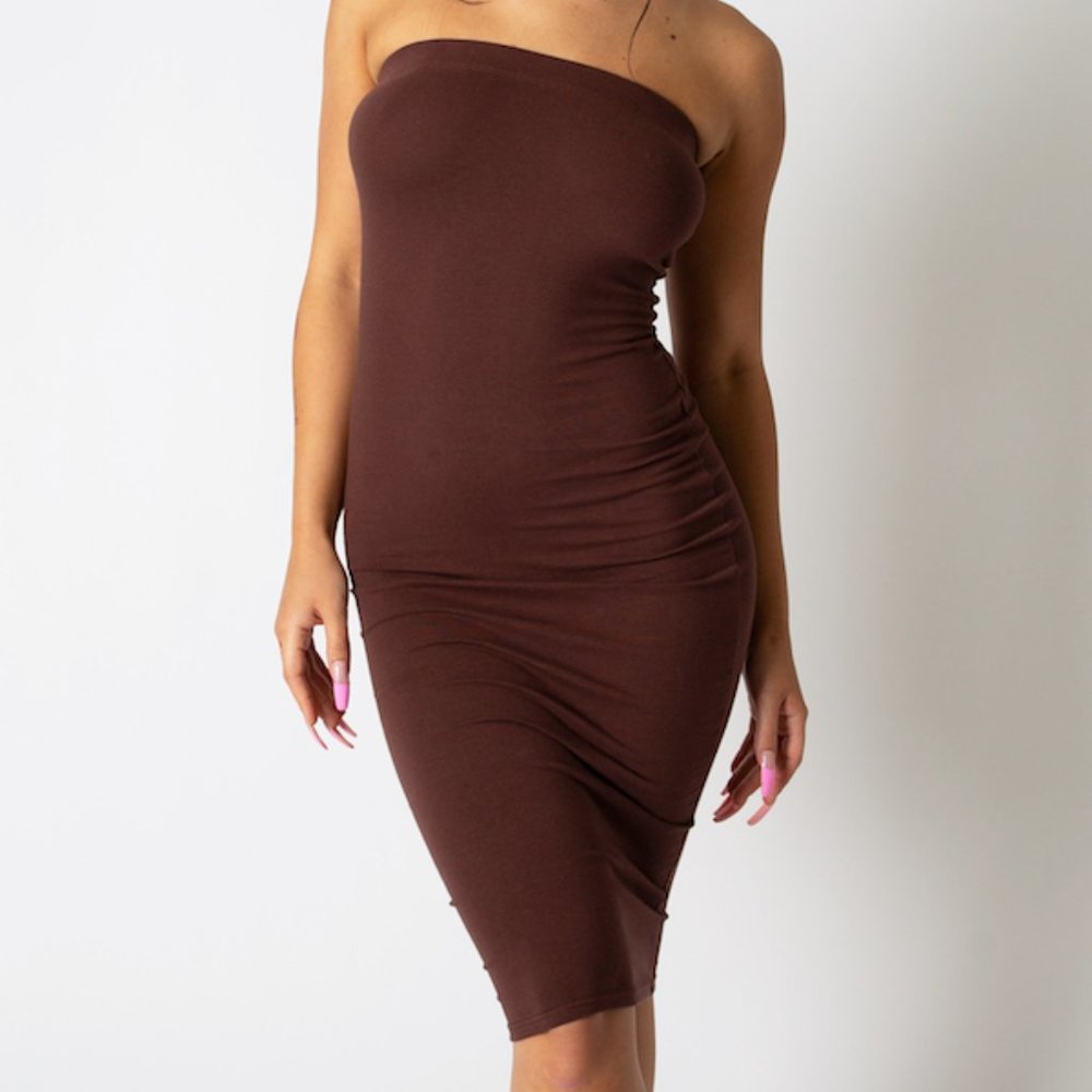 Brown Thick Fabric Strapless Dress